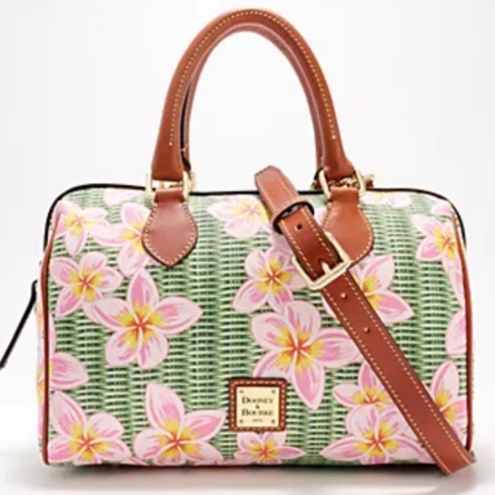 Dooney & Bourke Coated Cotton Plumeria Barrel Satchel, Pink/Green - Picture 1 of 16